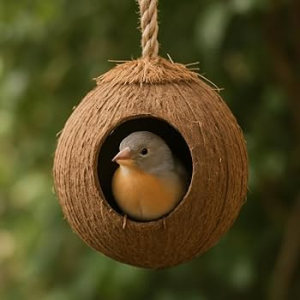 Small bird inside a handcrafted Coconut Shell Bird Nest by VDELTA Vietnam – eco-friendly, natural décor for export.